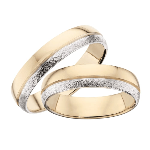 Moderne Scrouples vielsesringe i 8 eller 14 kt guld, glat/rustik, 5 mm